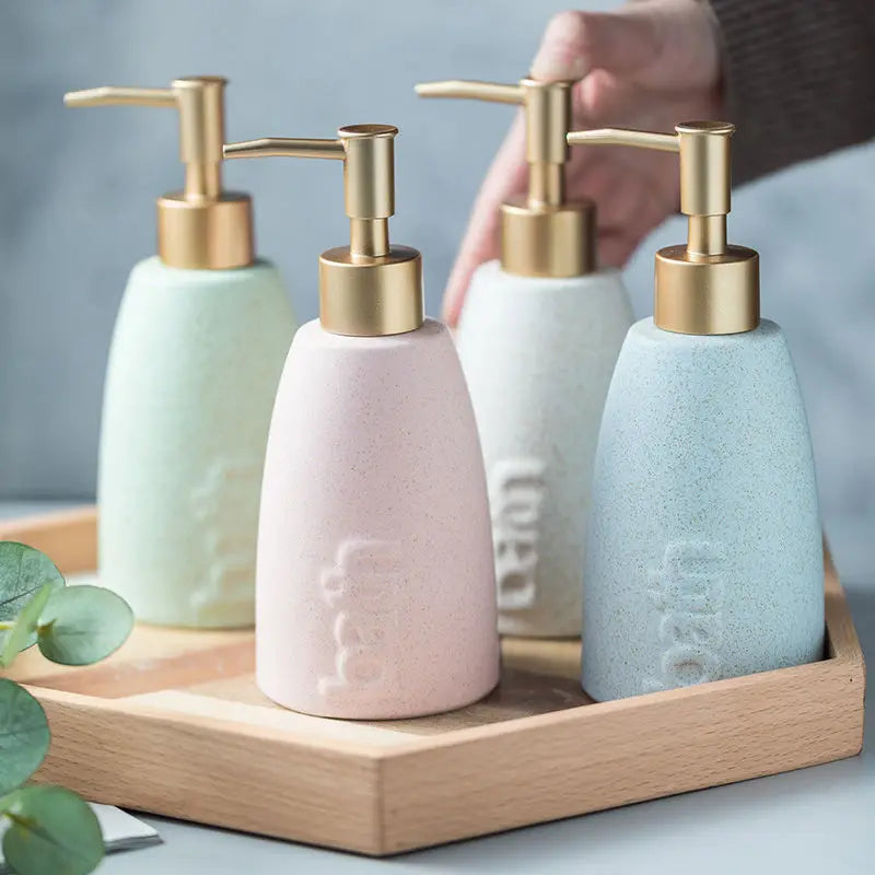 Distributeur De Savon En Céramique Minimaliste - Édition Pastel Avec Pompe Dorée