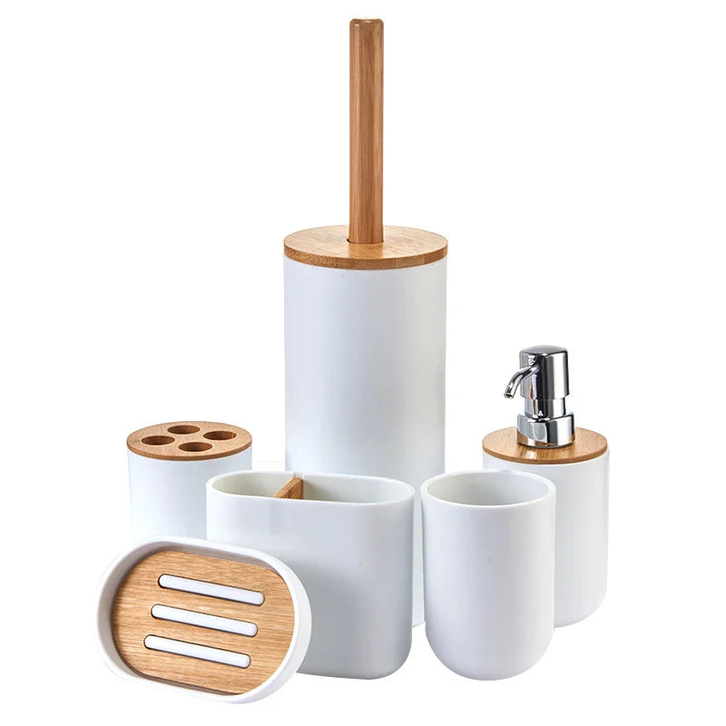 Kit Accessoires pour Toilette Blanc et Bois Composé de 6 Eléments