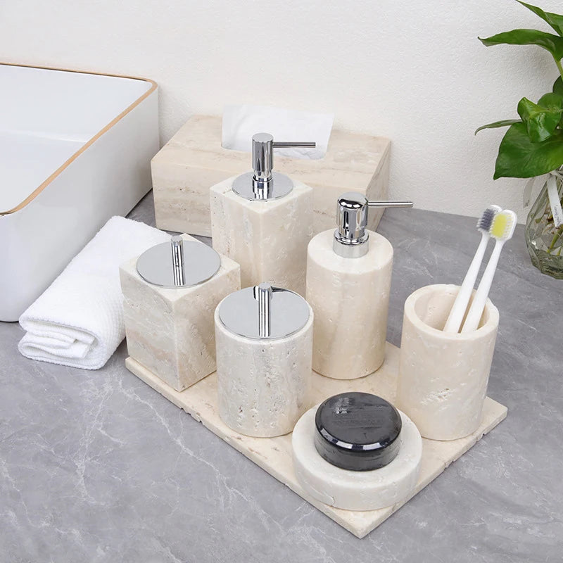 Kit Accessoires Salle De Bain En Marbre Beige Luxueux