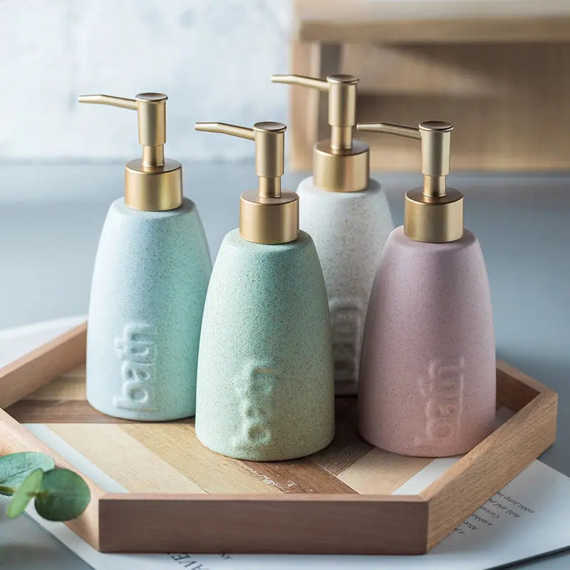 Distributeur De Savon En Céramique Minimaliste - Édition Pastel Avec Pompe Dorée