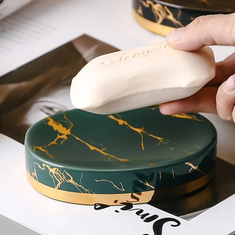 Porte-Savon En Céramique Marbrée Luxe Avec Finitions Dorées