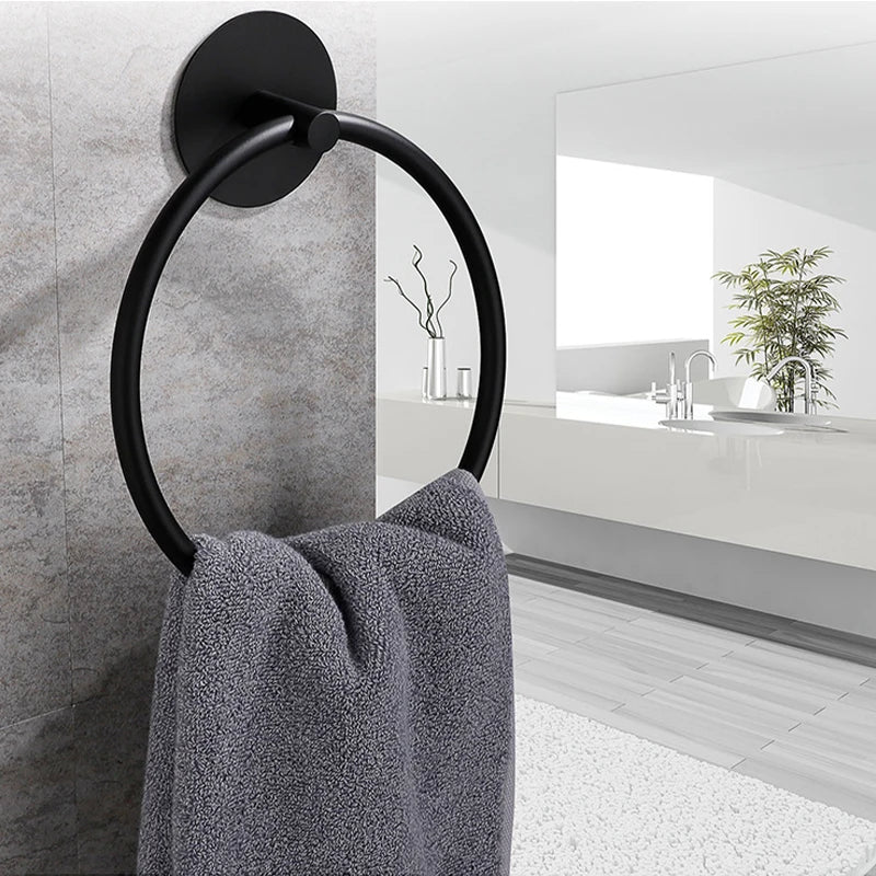 Porte-Serviette Mural Rond Métal Noir Salle De Bain