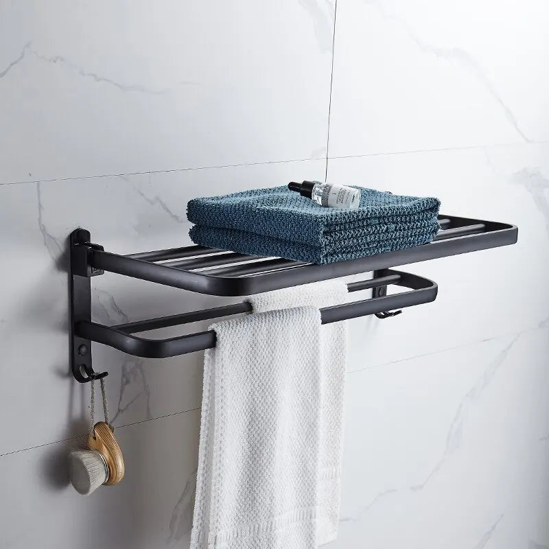 Porte-Serviettes Mural Multifonction Avec Étagère De Rangement En Aluminium Noir Mat