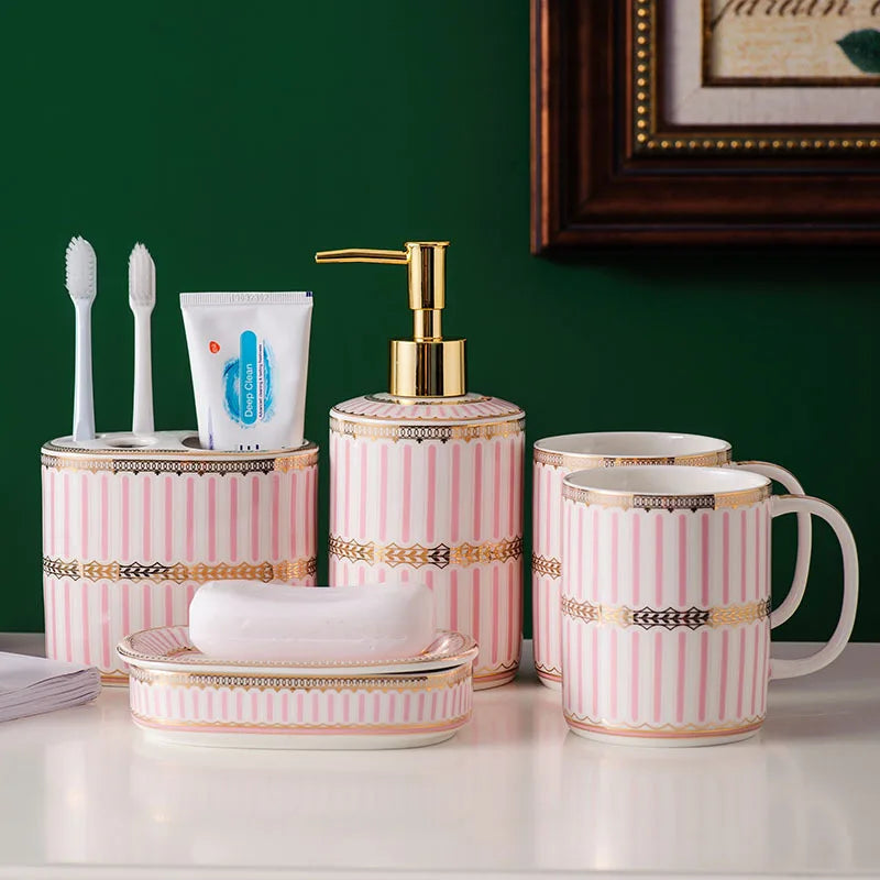 Kit Accessoires Salle de Bain Blanc Or Bleu ou Rose