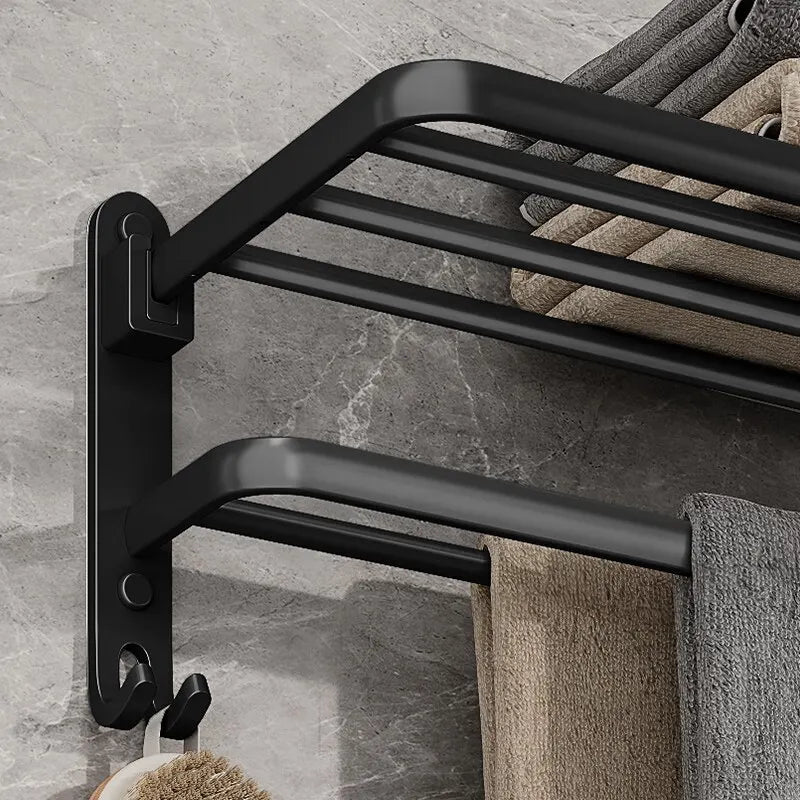 Porte-Serviettes Mural Multifonction Avec Étagère De Rangement En Aluminium Noir Mat