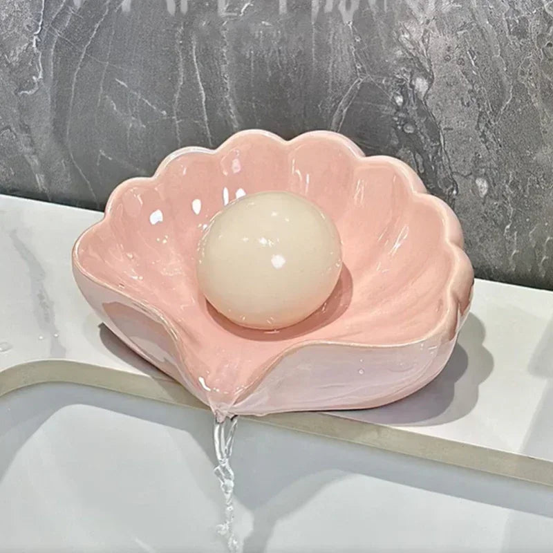Porte-Savon En Forme De Coquillage Rose En Céramique Avec Écoulement
