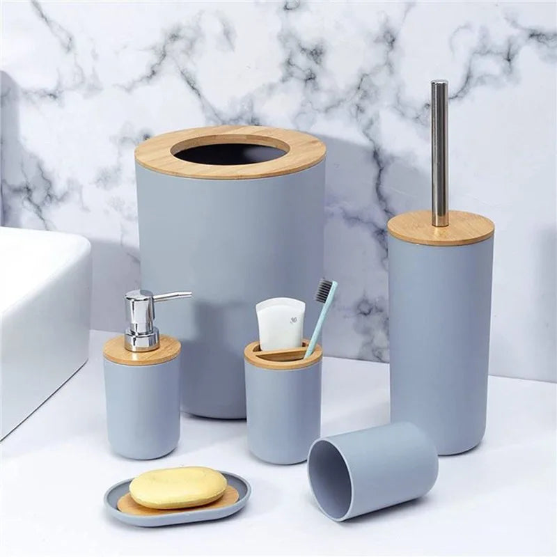 Kit Accessoires De Salle De Bain Gris Avec Bambou