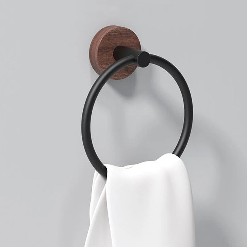 Porte-Serviette Anneau Noir Et Bois Design
