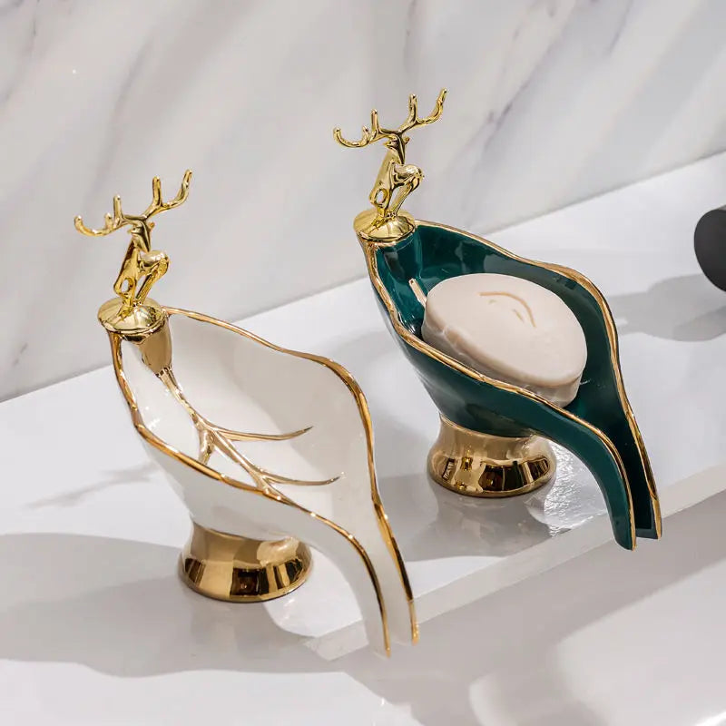 Porte-Savon Feuille Design Luxe Avec Ornement Cerf En Métal