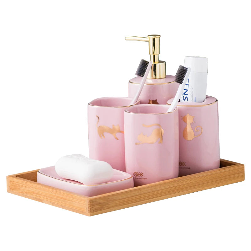 Kit Accessoires Salle de Bain en Céramique Rose