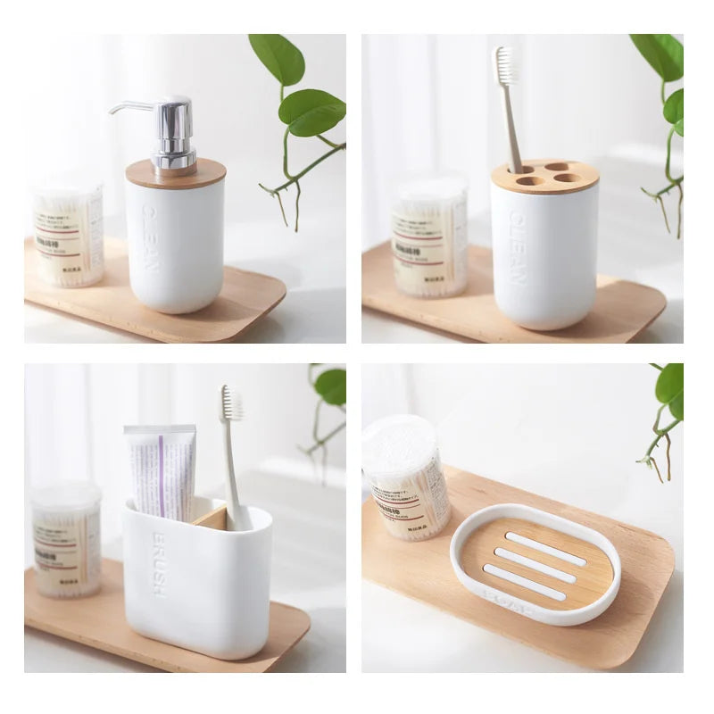 Kit Accessoires pour Toilette Blanc et Bois Composé de 6 Eléments