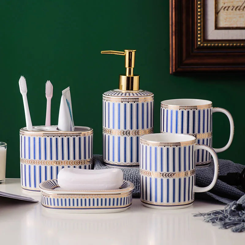 Kit Accessoires Salle de Bain Blanc Or Bleu ou Rose