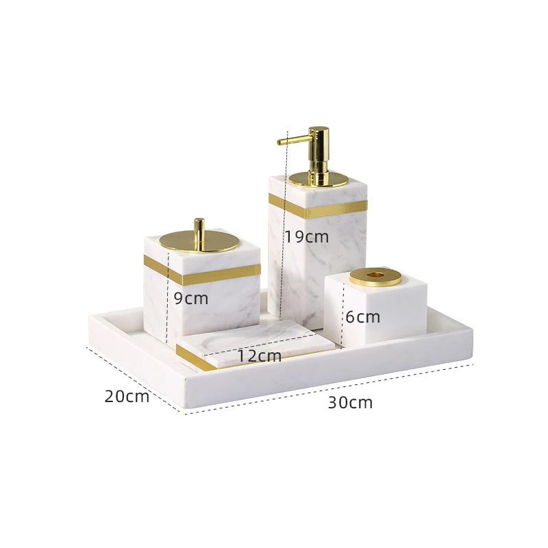 Kit Accessoires Salle de Bain en Marbre Naturel Blanc et Or