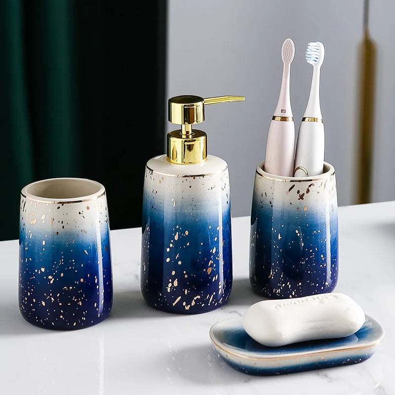 Kit Salle De Bain Céramique Bleu Dégradé Avec Porte-Savon Et Distributeur Luxe