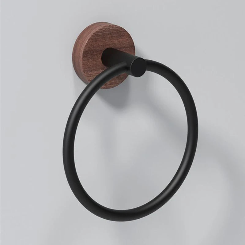 Porte-Serviette Anneau Noir Et Bois Design