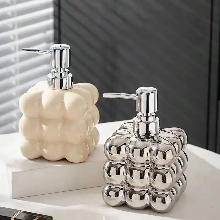 Distributeur De Savon Moderne En Relief - Design Bulles Chromées Et Céramique Éclatante 300ml