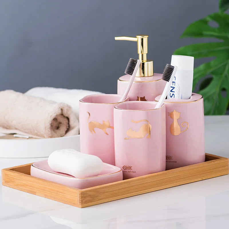 Kit Accessoires Salle de Bain en Céramique Rose