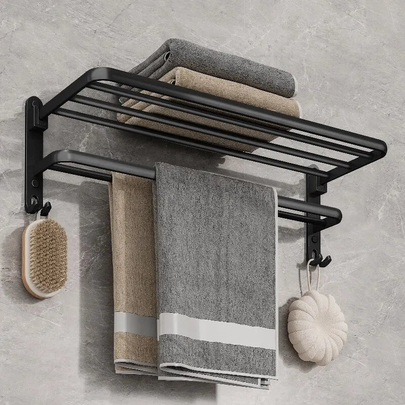 Porte-Serviettes Mural Multifonction Avec Étagère De Rangement En Aluminium Noir Mat
