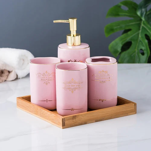 Kit Accessoires Salle de Bain en Céramique Rose