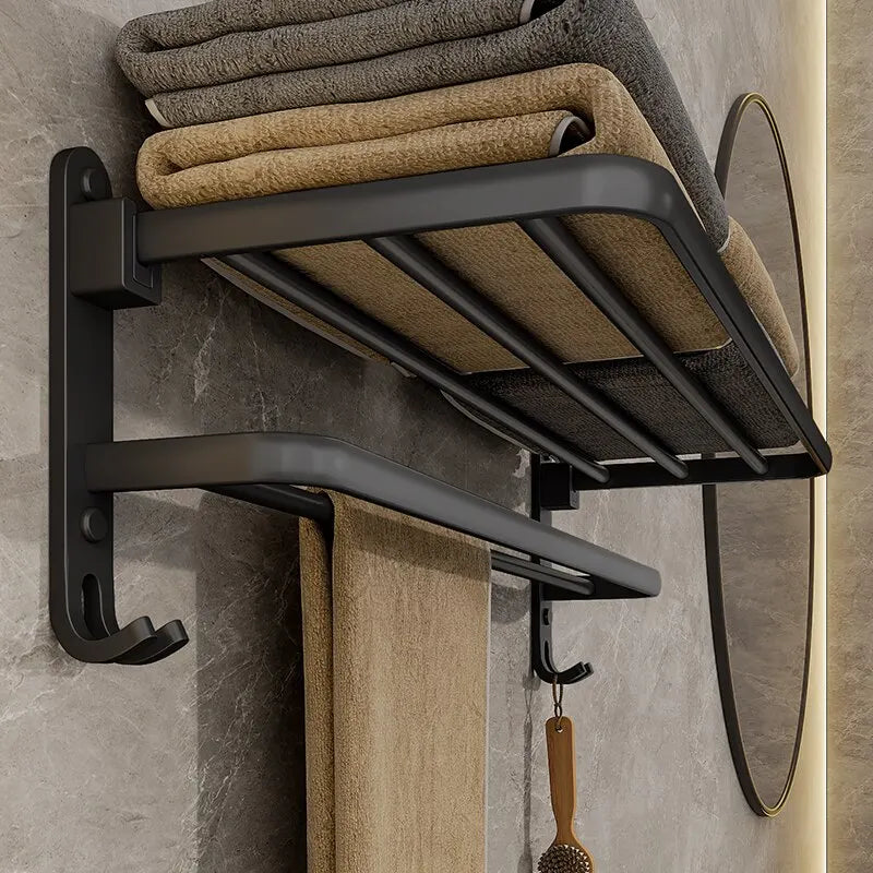 Porte-Serviettes Mural Multifonction Avec Étagère De Rangement En Aluminium Noir Mat