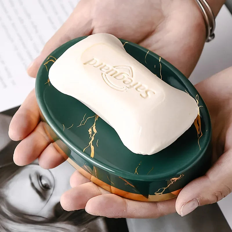 Porte-Savon En Céramique Marbrée Luxe Avec Finitions Dorées