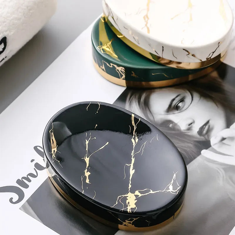 Porte-Savon En Céramique Marbrée Luxe Avec Finitions Dorées