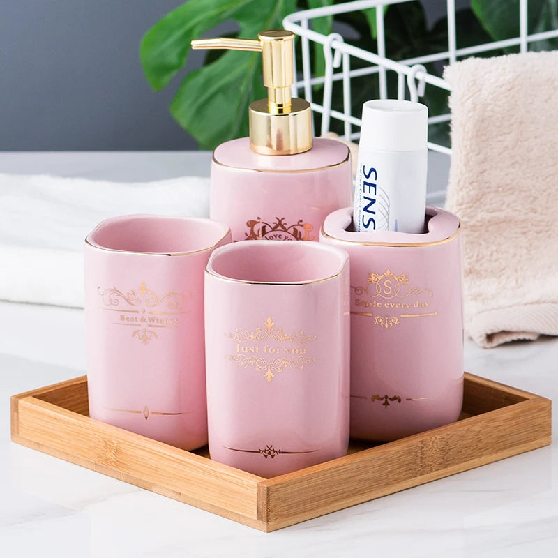 Kit Accessoires Salle de Bain en Céramique Rose