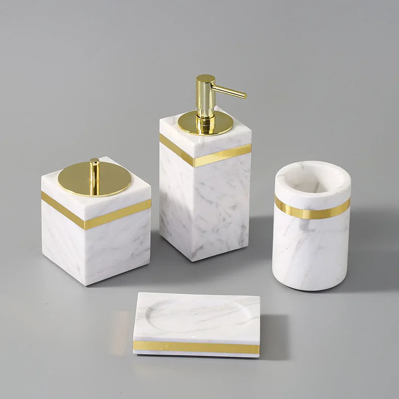 Kit Accessoires Salle de Bain en Marbre Naturel Blanc et Or