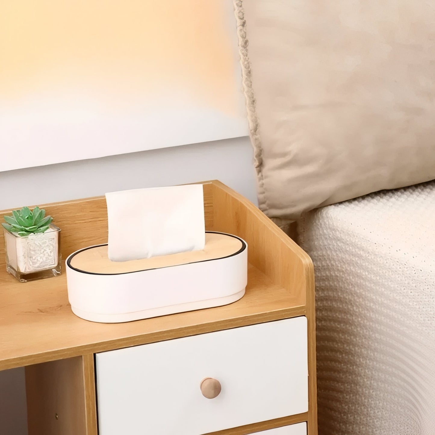 Boîte À Mouchoirs Design Minimaliste Blanc Et Noir Avec Couvercle En Bois