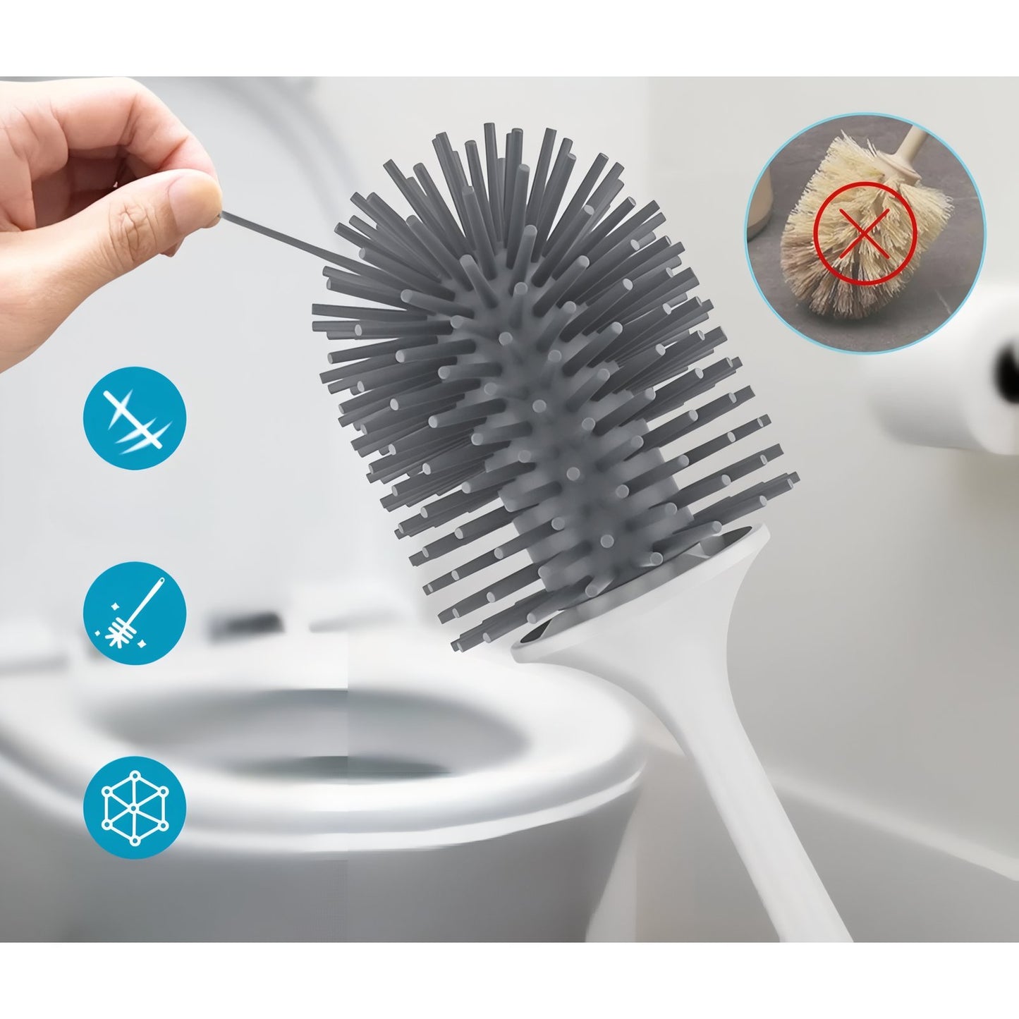 Brosse De Toilette Silicone Avec Support Transparent Et Finition Or Rose