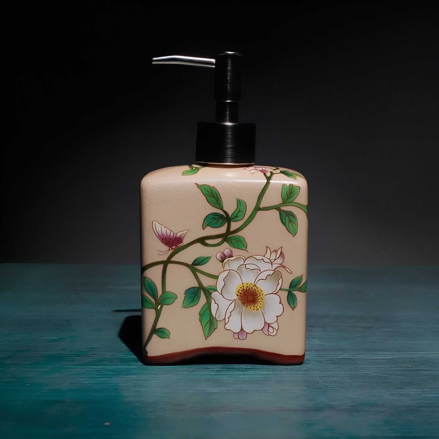 Distributeur De Savon Liquide En Céramique Jaune Motif Fleur Vintage 410 ML