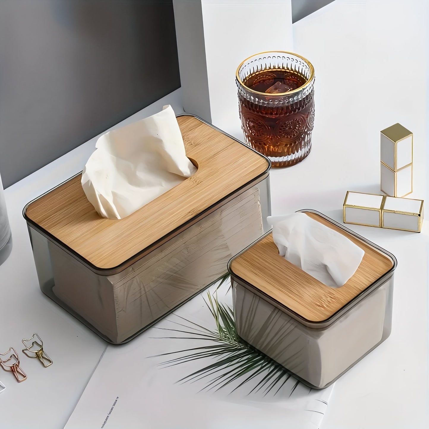 Boîte À Mouchoirs Transparente Avec Couvercle En Bambou