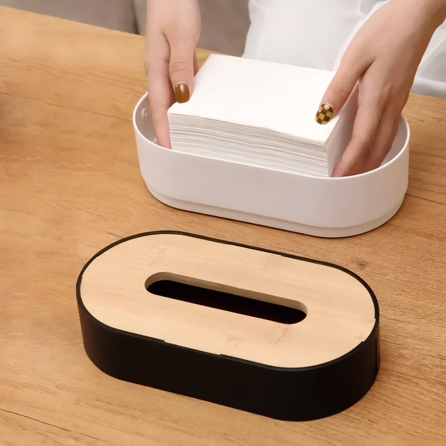 Boîte À Mouchoirs Design Minimaliste Blanc Et Noir Avec Couvercle En Bois