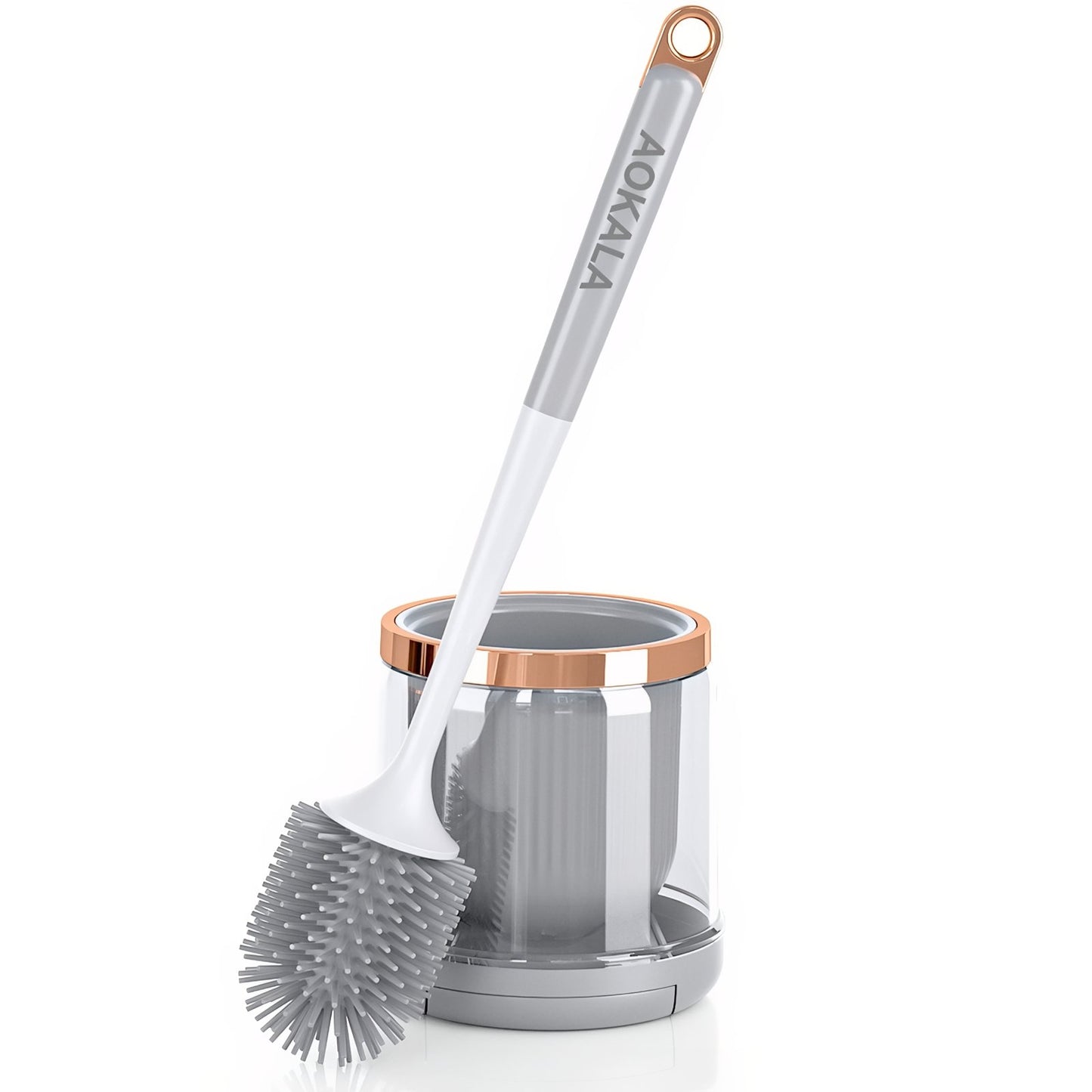 Brosse De Toilette Silicone Avec Support Transparent Et Finition Or Rose