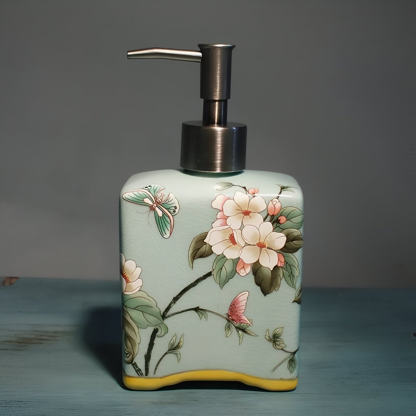 Distributeur De Savon Liquide En Céramique Jaune Motif Fleur Vintage 410 ML