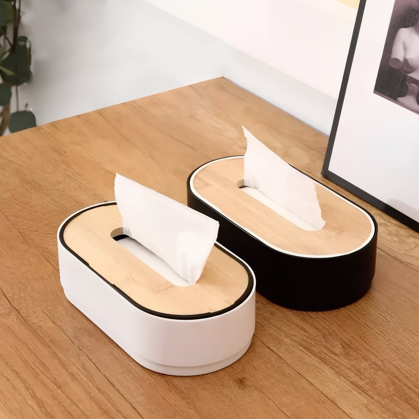 Boîte À Mouchoirs Design Minimaliste Blanc Et Noir Avec Couvercle En Bois