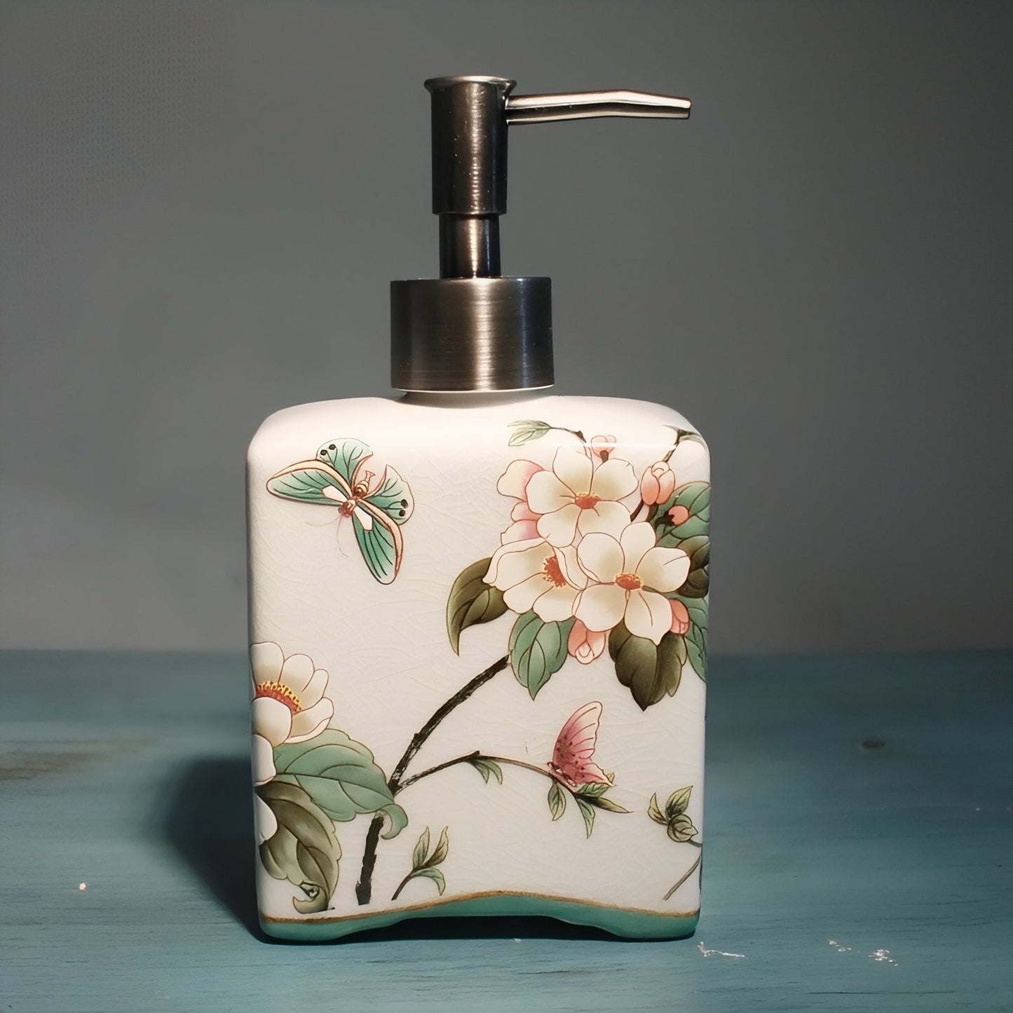 Distributeur De Savon Liquide En Céramique Jaune Motif Fleur Vintage 410 ML