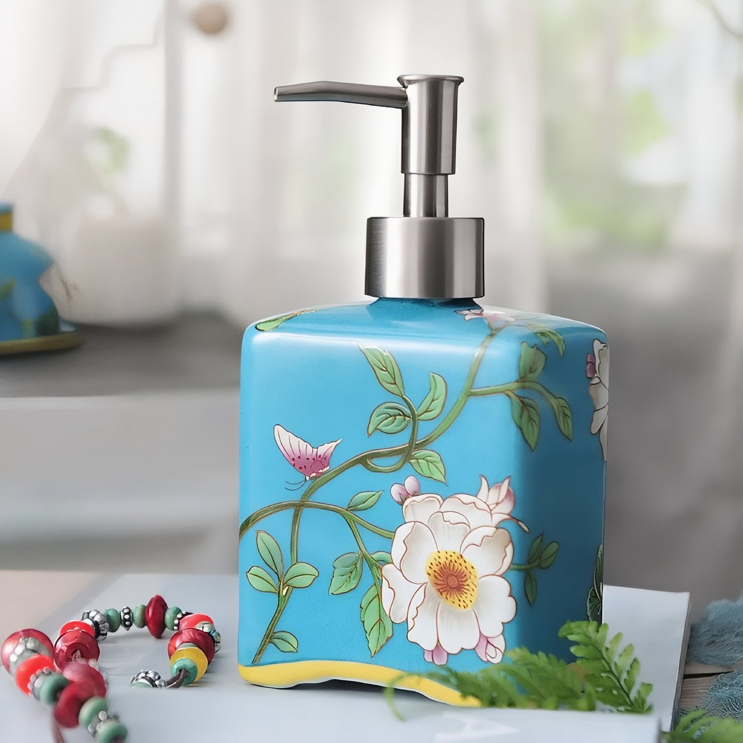 Distributeur De Savon Liquide En Céramique Jaune Motif Fleur Vintage 410 ML