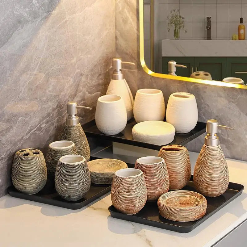 Kit Accessoires De Salle De Bain Style Naturel Avec Distributeur Et Porte-Savon Design